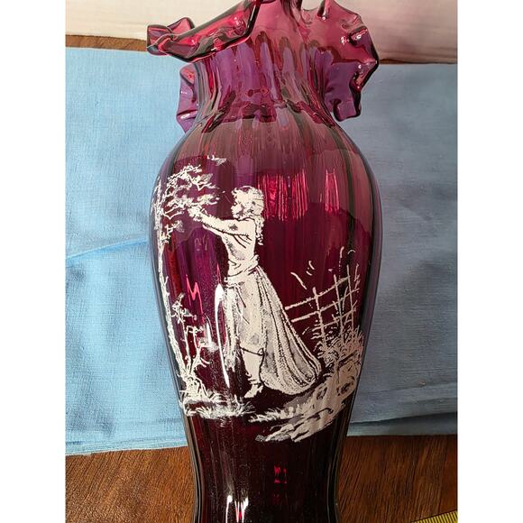 Ruffled Cranberry Bohemian Mary Gregory Victorian Cameo Hand Painted Vase 12" - Picture 2 of 7